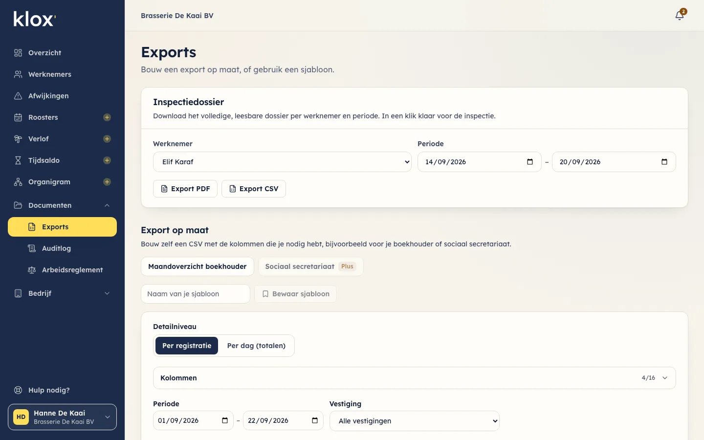 Exportpagina van Klox met een werknemer en periode gekozen en knoppen voor een PDF- of CSV-export