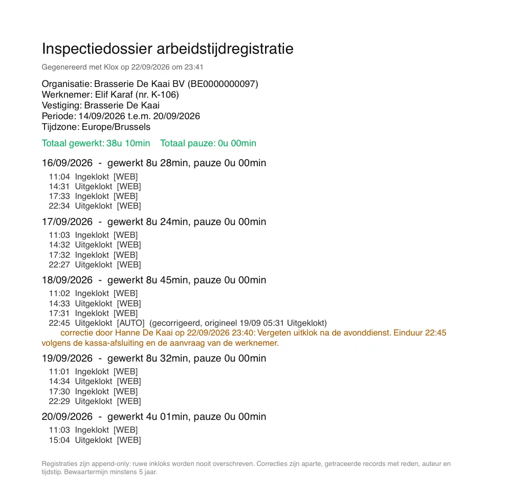 Voorbeeld van een inspectiedossier als PDF met dagtotalen, klokacties en een getraceerde correctie
